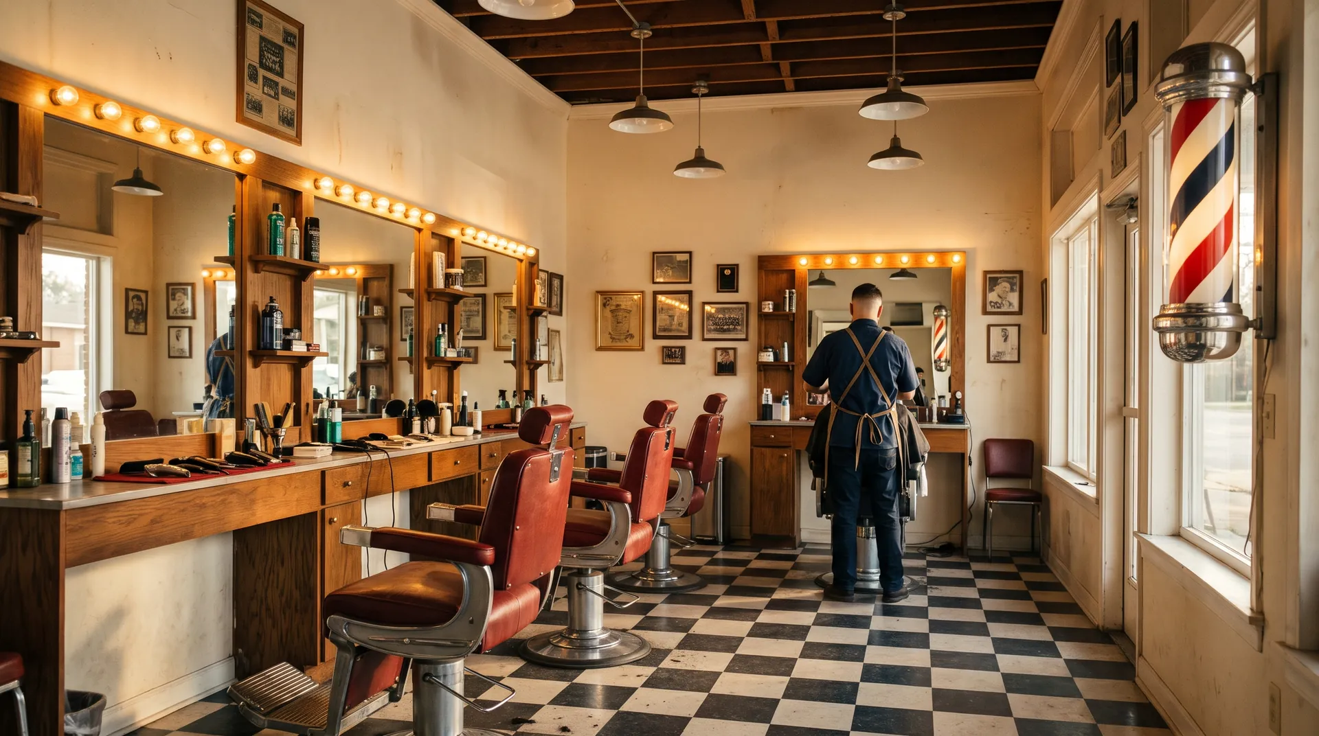 Inside the shop: three red leather barber chairs, lit mirrors, a checkered floor and a barber pole by the window