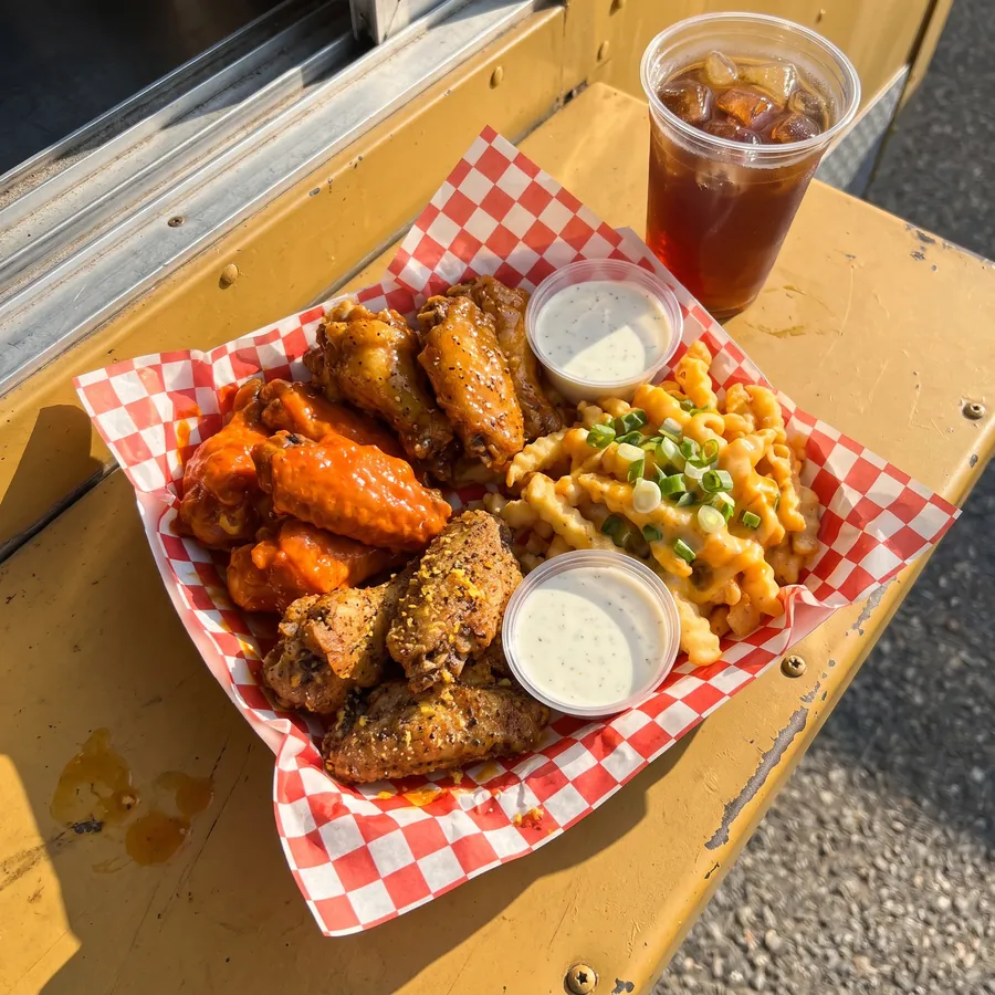 A checkered tray of buffalo, hot honey and lemon pepper wings with loaded fries, ranch and sweet tea