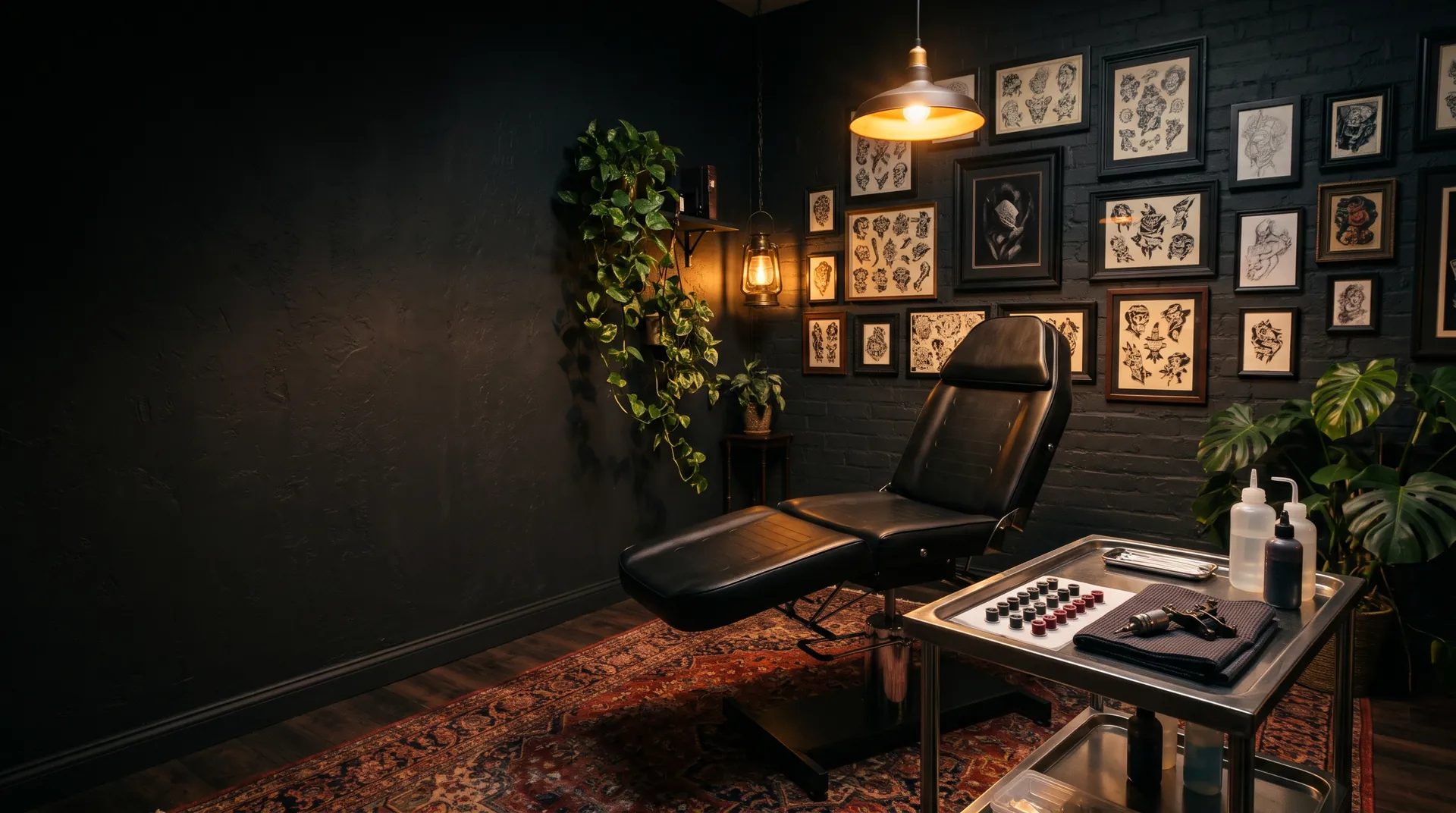 The studio at night: a black leather tattoo chair under a pendant lamp, flash art on a dark brick wall, a lantern glowing in the corner