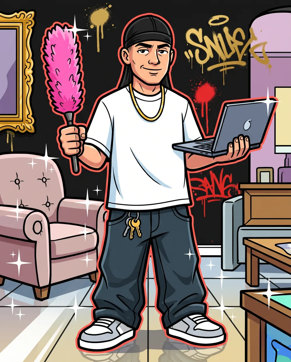 Cartoon of the butler in a durag and gold chain, holding a pink feather duster and a laptop