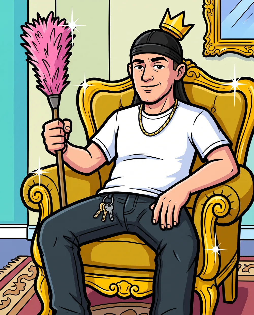 Cartoon of the butler on a gold throne, wearing a crown and holding a pink feather duster like a scepter